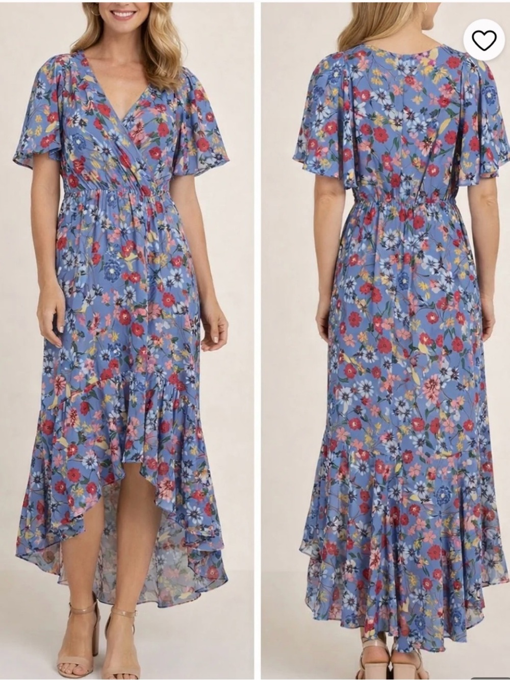 Parker Floral Print Blue Wrap Maxi Dress Flutter Sleeve High Low Hem